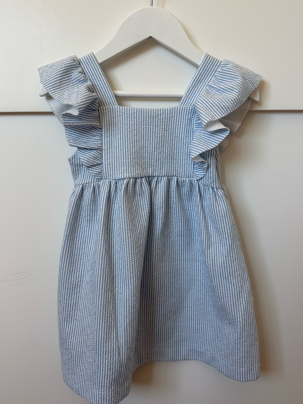 Little Girls' Blue Seersucker Ruffle Shoulder Dress